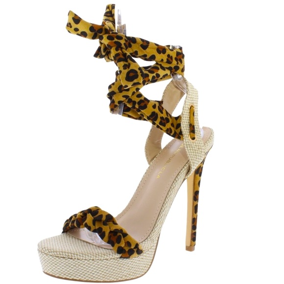 Leopard Animal Print Strappy Lace Up Ankle Wrap High heel Sandals - Picture 2 of 3